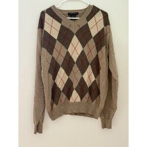 Hathaway Platinum Mens Sweater Argyle Beige brown Red Pure Cashmere Medium